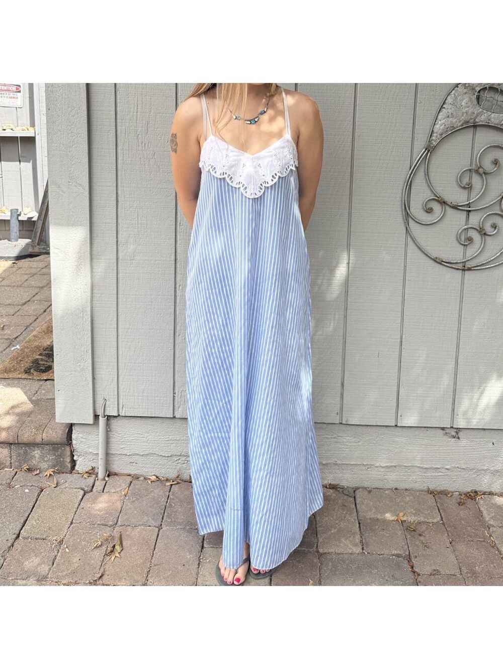 Vintage 60s Alice Maloof Blue Stripe Lace Nightgown Robe Peignoir Set M